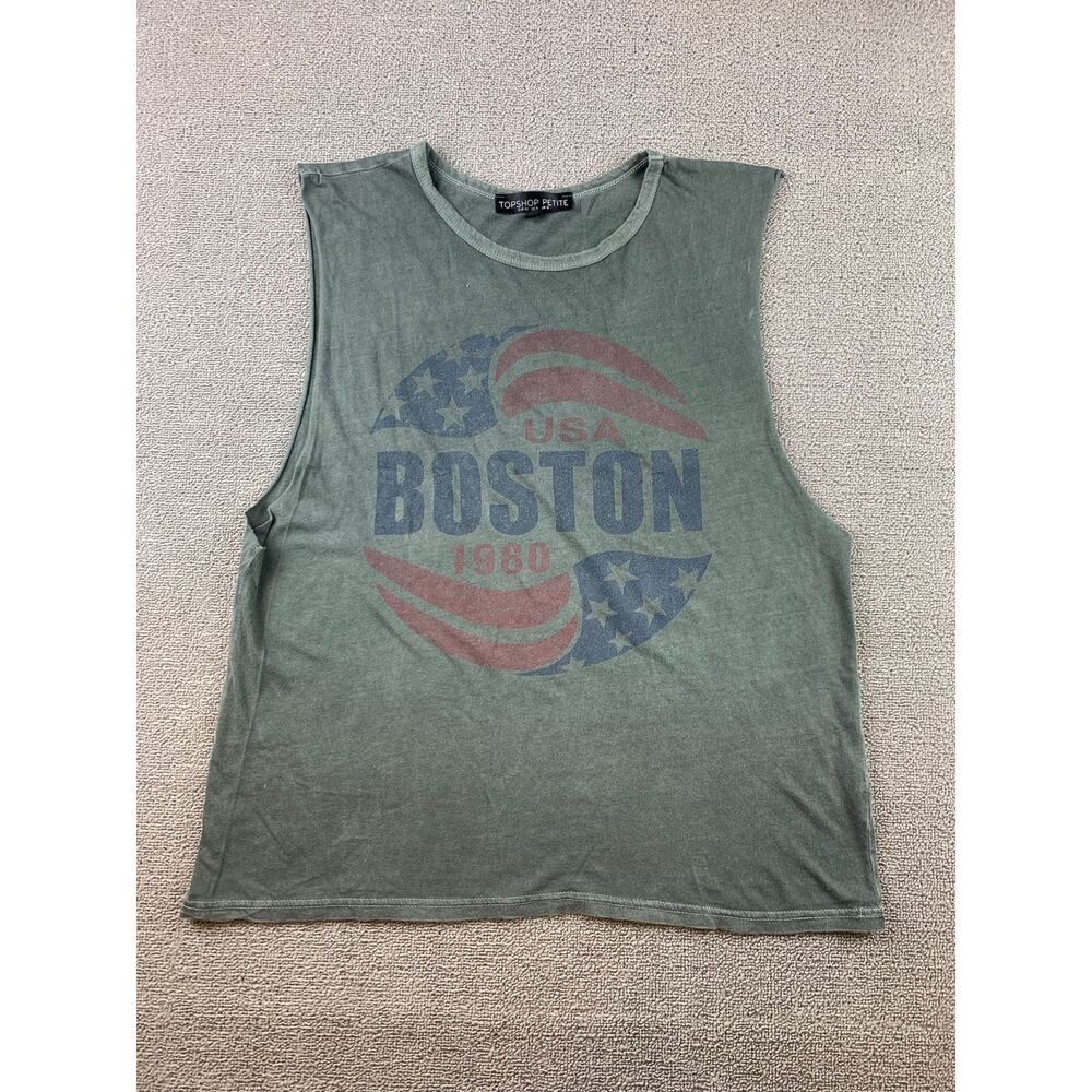 Topshop Petite Tank Top Women US 8 Boston‎ USA 1980 Graphic Sleeveless Green